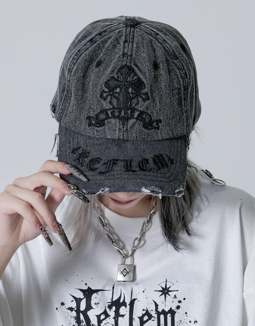 REFLEM【レフレム】クロス刺繍ダメージデニムキャップ/全3色