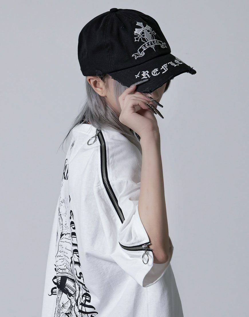 dimmoire ディムモアール ロゴ刺繍ダメージCAP White REFLEM【レフレム】クロス刺繍ダメージデニムキャップ/全3色
