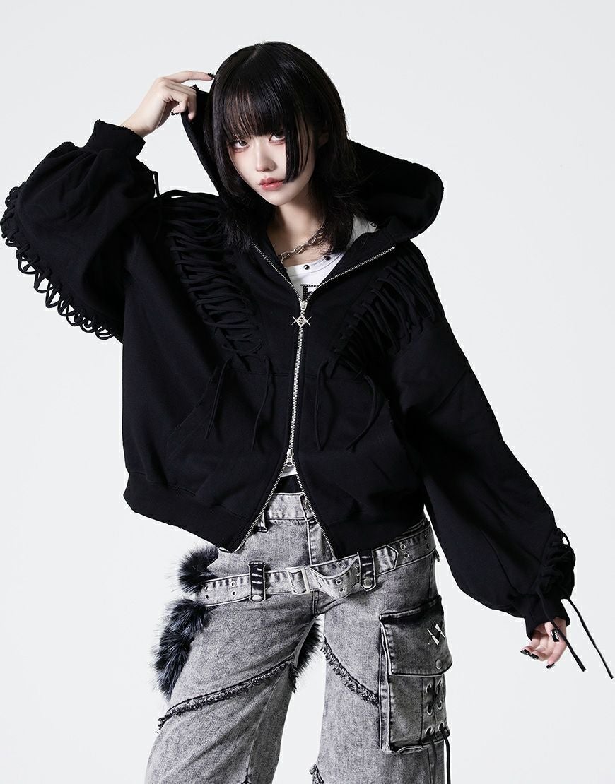 REFLEM【レフレム】レースアップグランジジップパーカー　ブラック REFLEM【レフレム】レースアップグランジジップパーカー/全2色