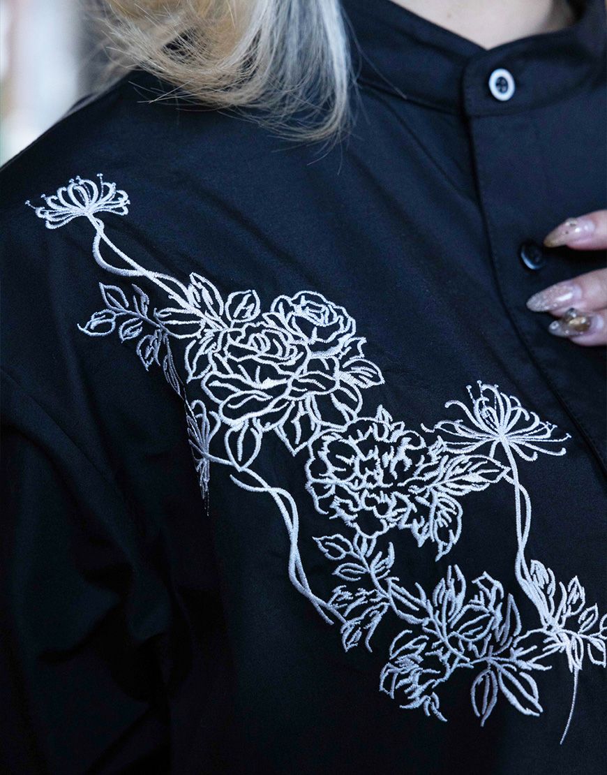 studio新品入荷 社交ダンス衣装 花柄刺繍 ブラック 長袖 AdaNous【アダナス】mixed-material shirt/全1色