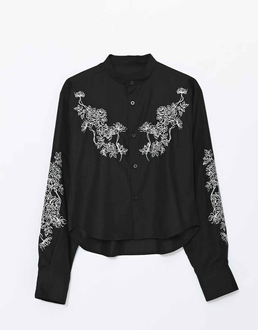 【新品】MAHAL 半袖シャツ 黒　刺繍 ホワイト AdaNous【アダナス】mixed-material shirt/全1色