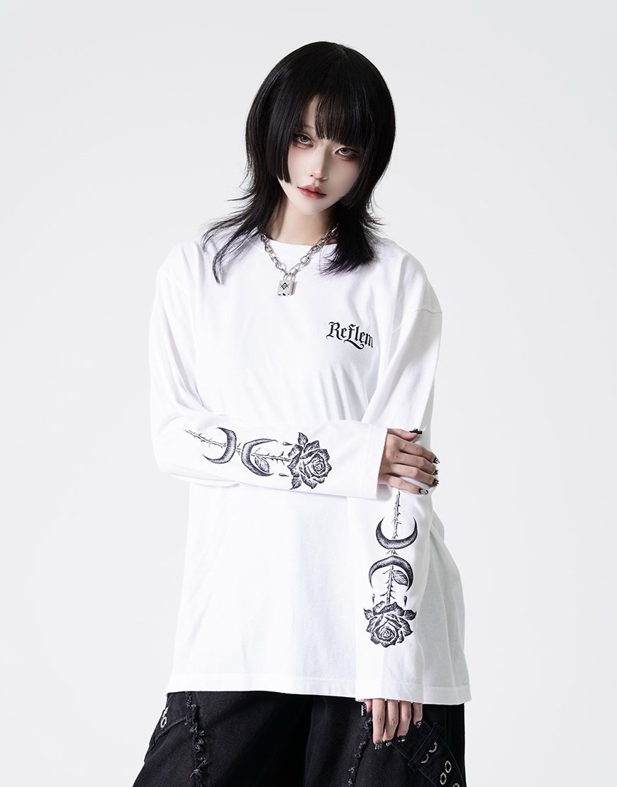 REFLEM【レフレム】バラと魔導書デザインプリントロングTシャツ/全2色