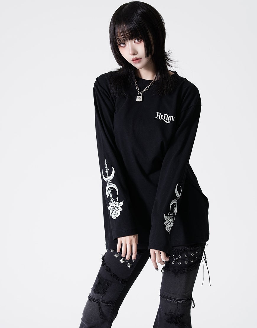 REFLEM【レフレム】バラと魔導書デザインプリントロングTシャツ/全2色
