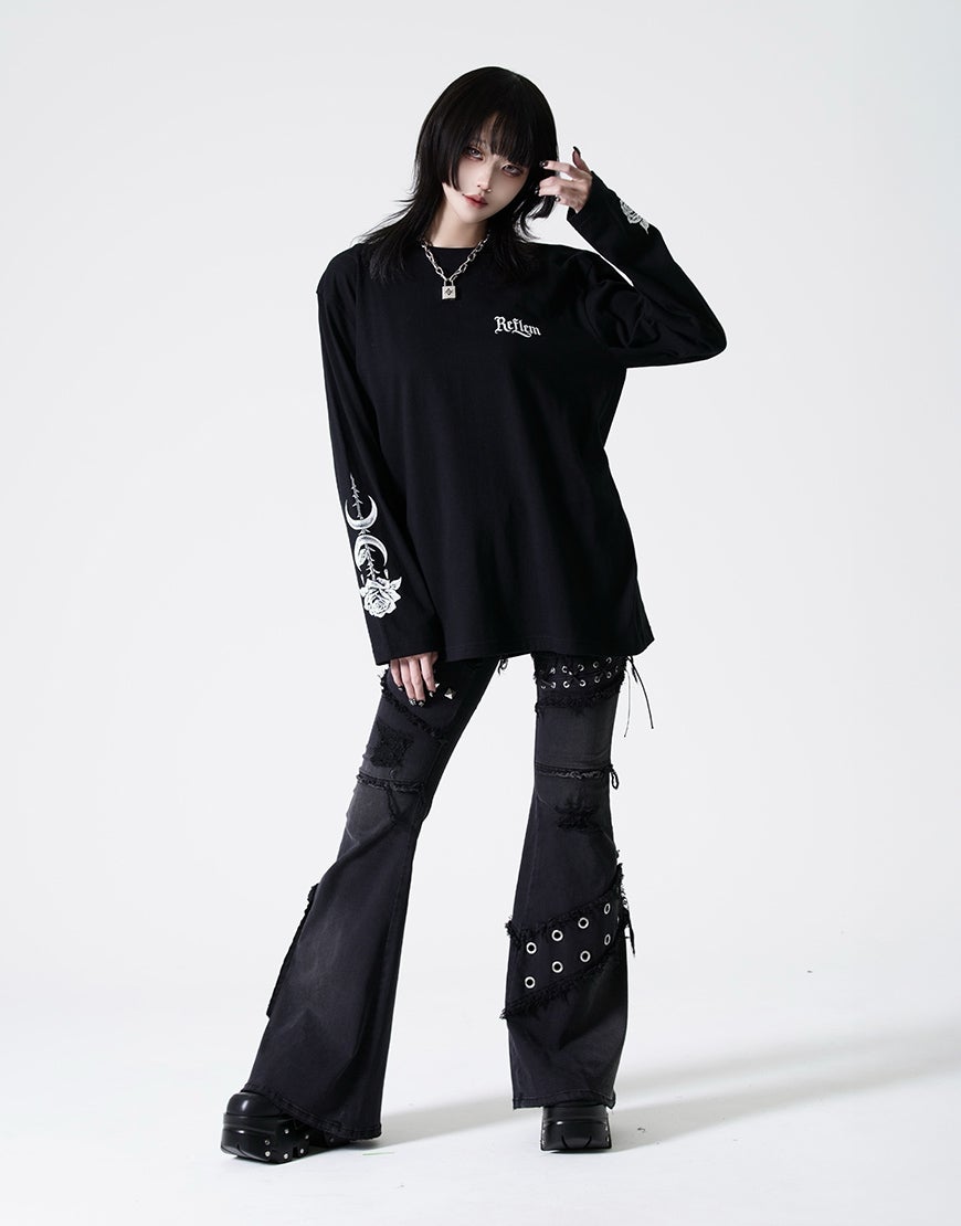 REFLEM【レフレム】バラと魔導書デザインプリントロングTシャツ/全2色