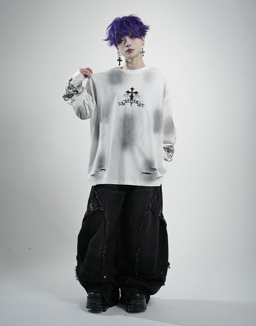 tシャツ 「REFLEM/レフレム」クロス刺繍Tシャツ/ハーフスリーブカットソー REFLEM（レフレム） tシャツ 「REFLEM/レフレム」クロス刺繍ダメージT