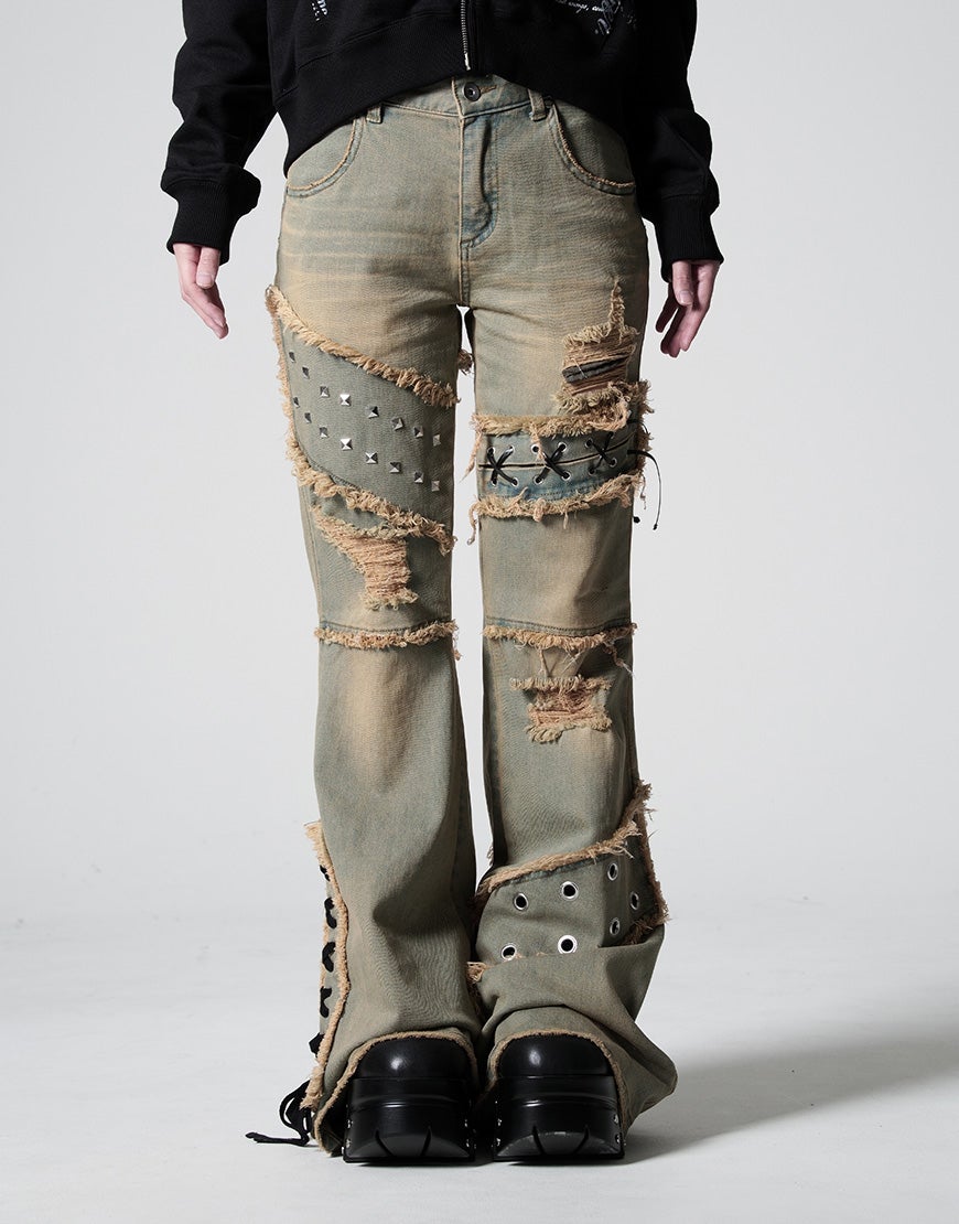 REFREM カーゴパンツ REFLEM【レフレム】切り替えフリンジフレアデニムパンツ/全2色