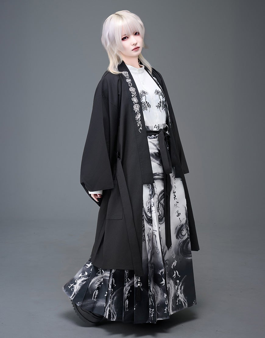 詩仙堂 着物調　ロングカーディガン 黒・白 AdaNous【アダナス】飛龍在天 刺繍カーディガン/全2色