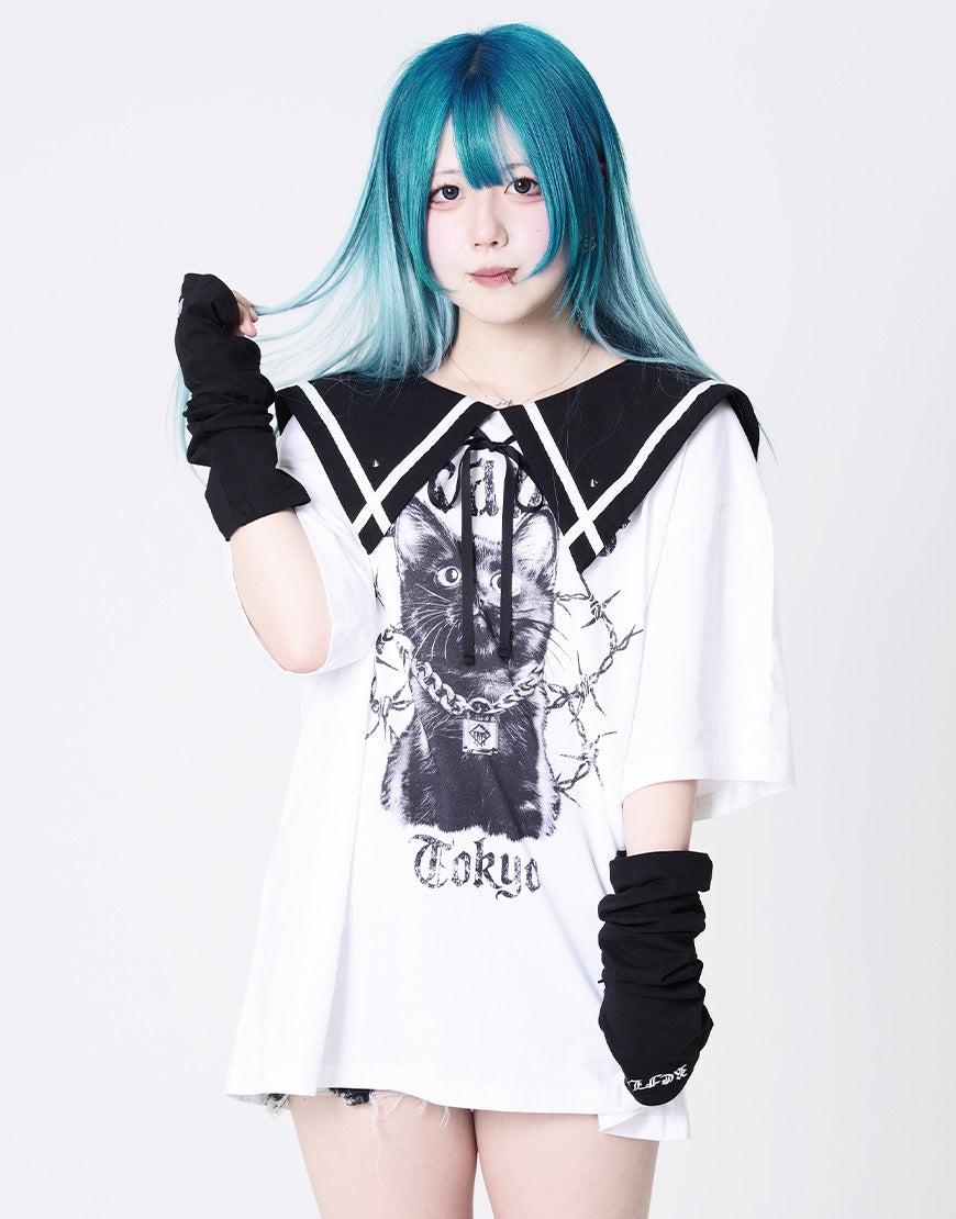 TRAVAS TOKYO【トラバストーキョー】セーラーカラー猫プリントTシャツ