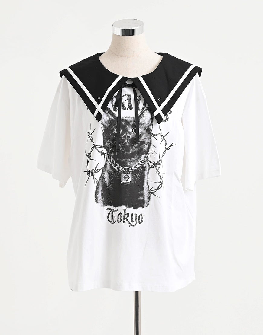 TRAVAS TOKYO【トラバストーキョー】セーラーカラー猫プリントTシャツ