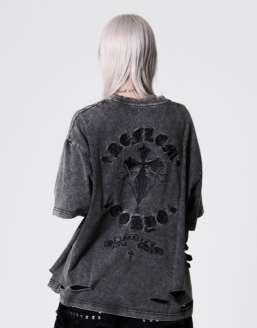 REFLEM【レフレム】クロス刺繍ダメージTシャツ/全4色