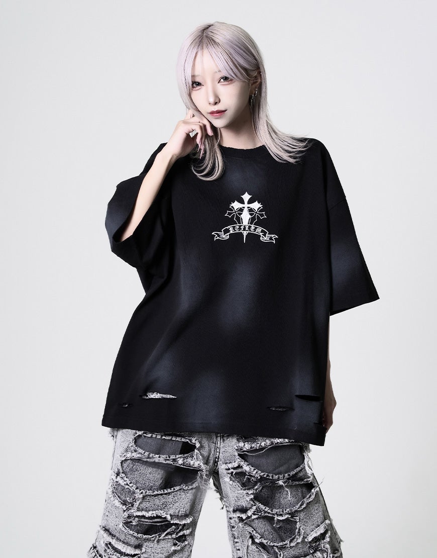REFLEM【レフレム】クロス刺繍ダメージTシャツ/全4色