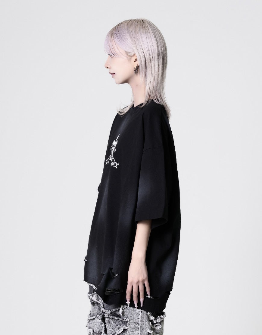 REFLEM【レフレム】クロス刺繍ダメージTシャツ/全4色