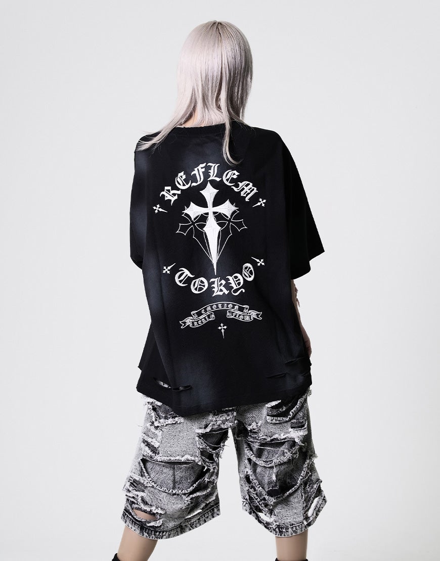 REFLEM レフレム　クロス刺繍ダメージTシャツ　RF26-A05 REFLEM【レフレム】クロス刺繍ダメージTシャツ/全4色