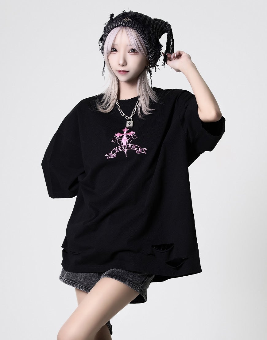 REFLEM【レフレム】クロス刺繍ダメージTシャツ/全4色