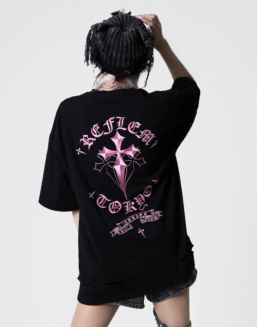 tシャツ 「REFLEM/レフレム」クロス刺繍Tシャツ/ハーフスリーブカットソー REFLEM【レフレム】クロス刺繍長袖Tシャツ/全4色