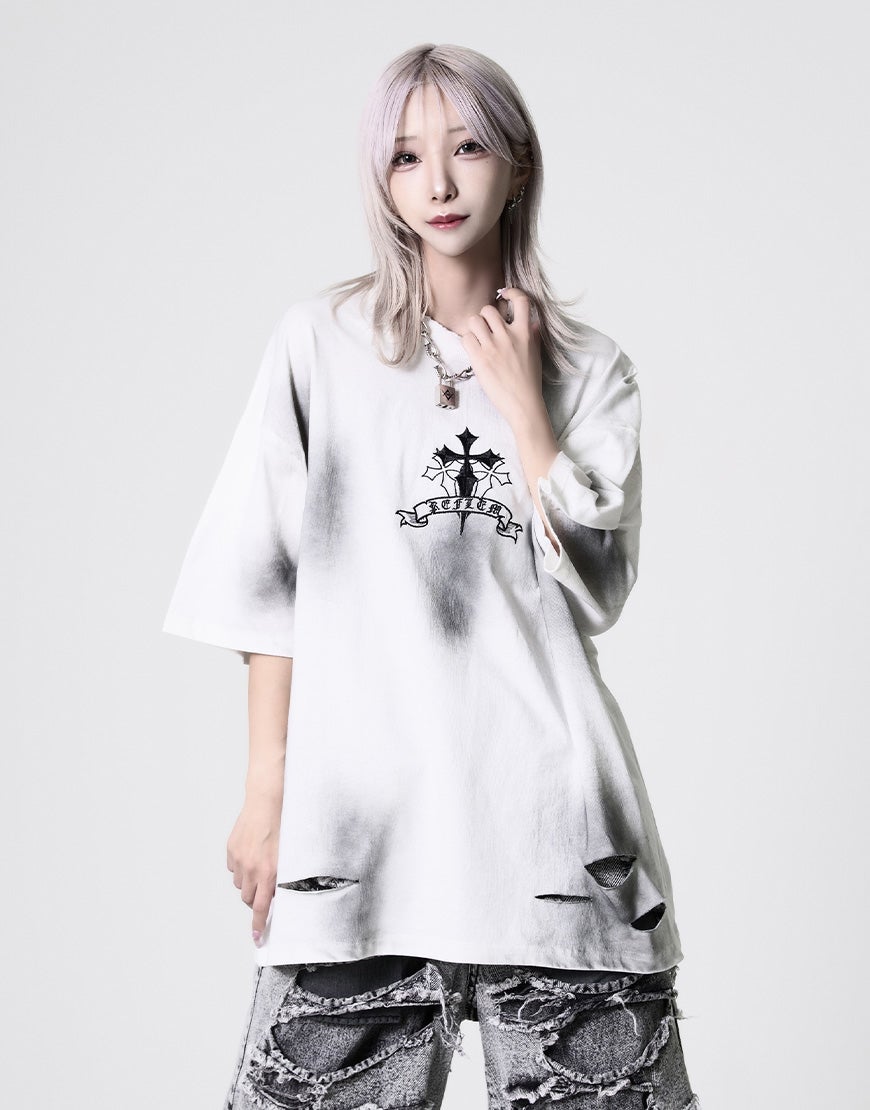 REFLEM【レフレム】クロス刺繍ダメージTシャツ/全4色