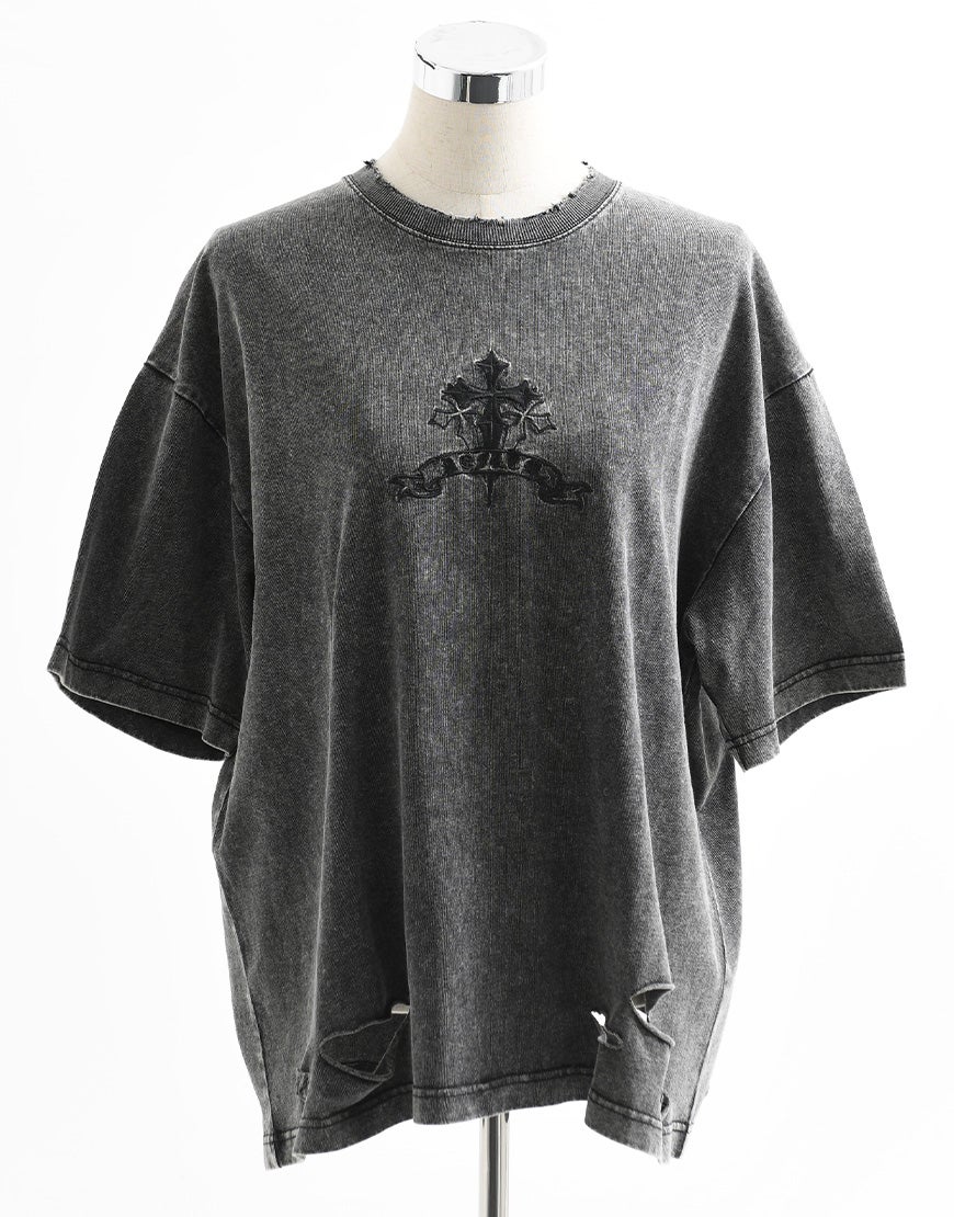 REFLEM レフレム クロス刺繍半袖Tシャツ グレー REFLEM（レフレム） tシャツ 「REFLEM/レフレム」クロス刺繍ダメージT