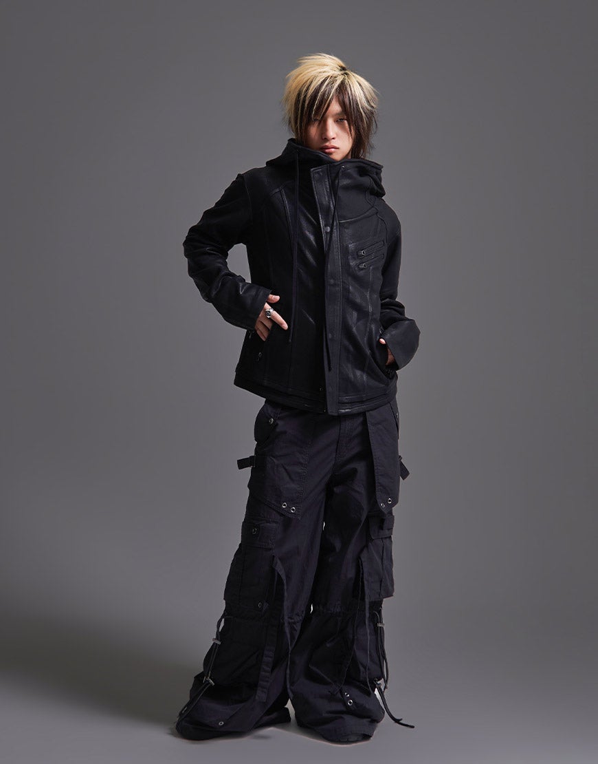 FUGA フード付きダブルライダースコーティングベストパーカー FUGA【フーガ】コーティングハイネックジップパーカー/全2色