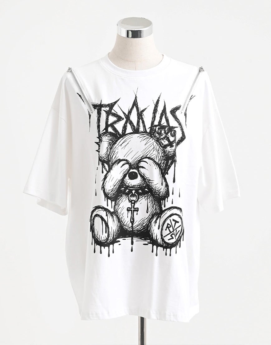 トラバストーキョー TRAVAS TOKYO【トラバストーキョー】ショルダーZIPくまプリントTシャツ