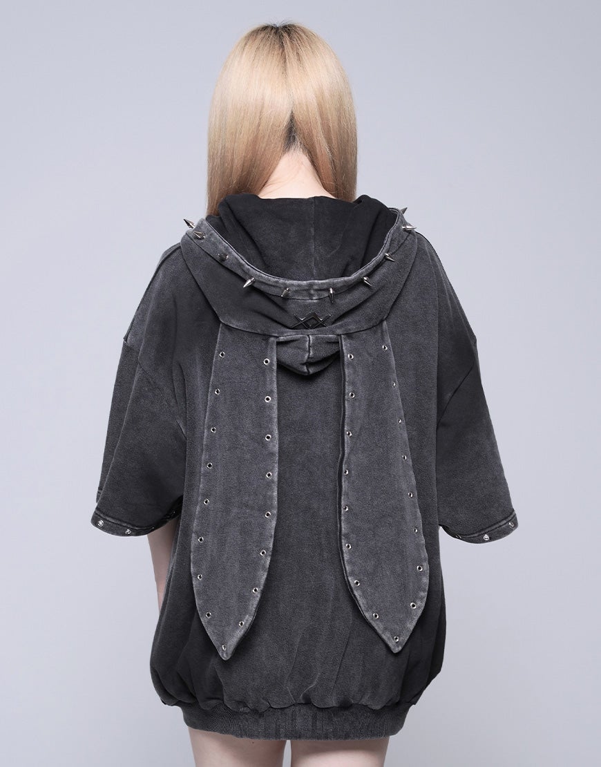 【REFLEM】うさ耳ジップアップ半袖パーカー/グレー REFLEM【レフレム】うさ耳半袖ジップアップパーカー/全2色