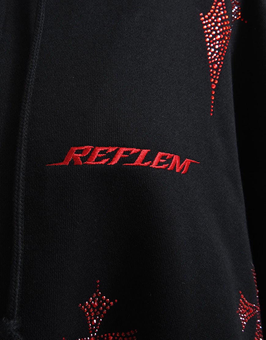 レフレム ラインストーンパーカー 赤 REFLEM【レフレム】ラインストーンクロス総柄半袖ジップアップパーカー