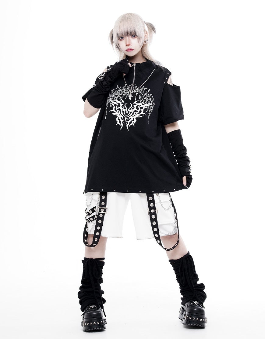TRAVAS TOKYO【トラバストーキョー】肩開きZIPデザイン半袖Tシャツ/全2色
