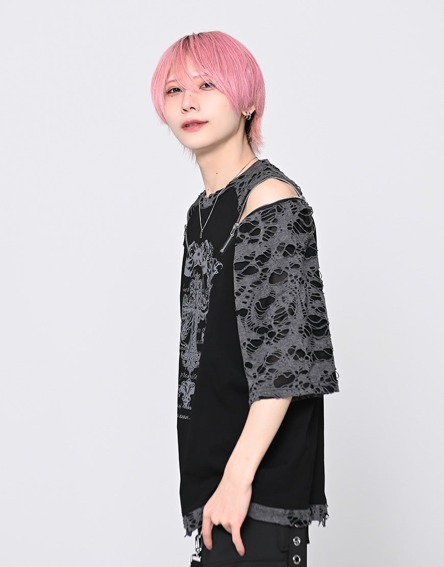 TRAVAS TOKYO【トラバストーキョー】ダメージ切り替えZIPラグランT