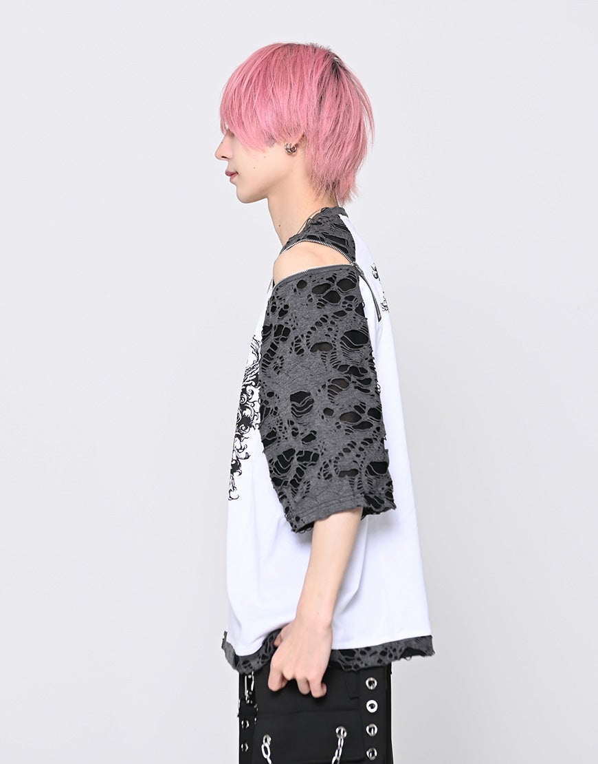 『TRAVAS TOKYO/トラバス トーキョー』ダメージ切替ラグランTシャツ TRAVAS TOKYO【トラバストーキョー】ダメージ切り替えZIPラグランT