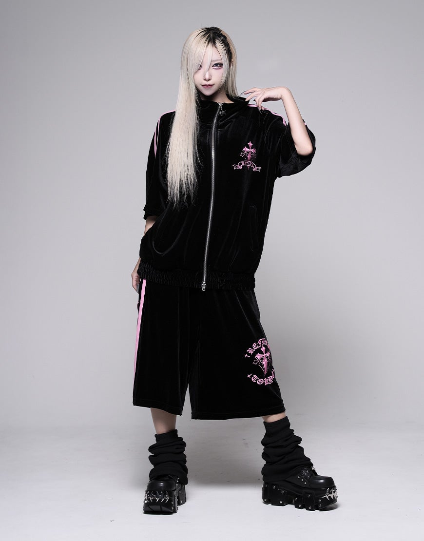REFLEM【レフレム】クロス刺繍半袖ベロアトラックジャケット/全3色