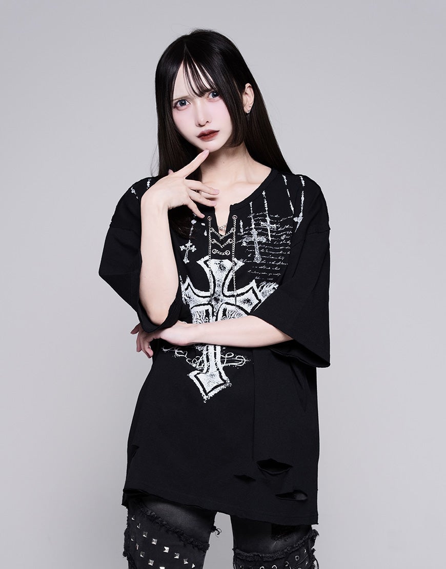 REFLEM【レフレム】チェーン編み上げグランジヘンリーTシャツ/全2色