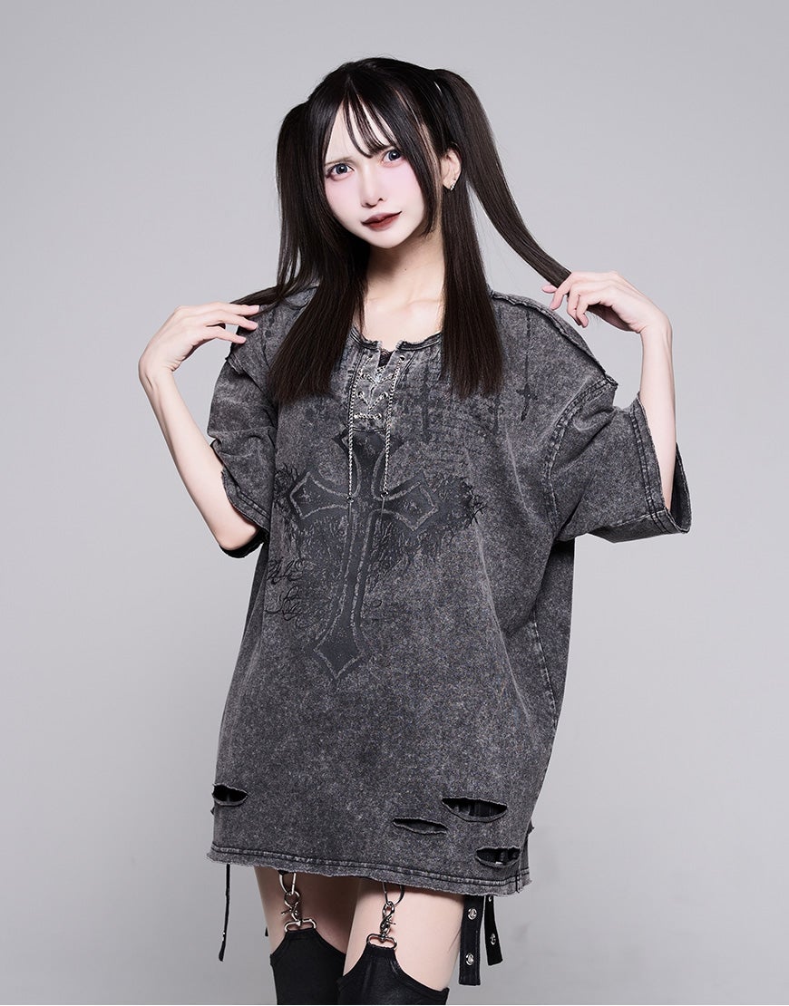REFLEM【レフレム】チェーン編み上げグランジヘンリーTシャツ/全2色