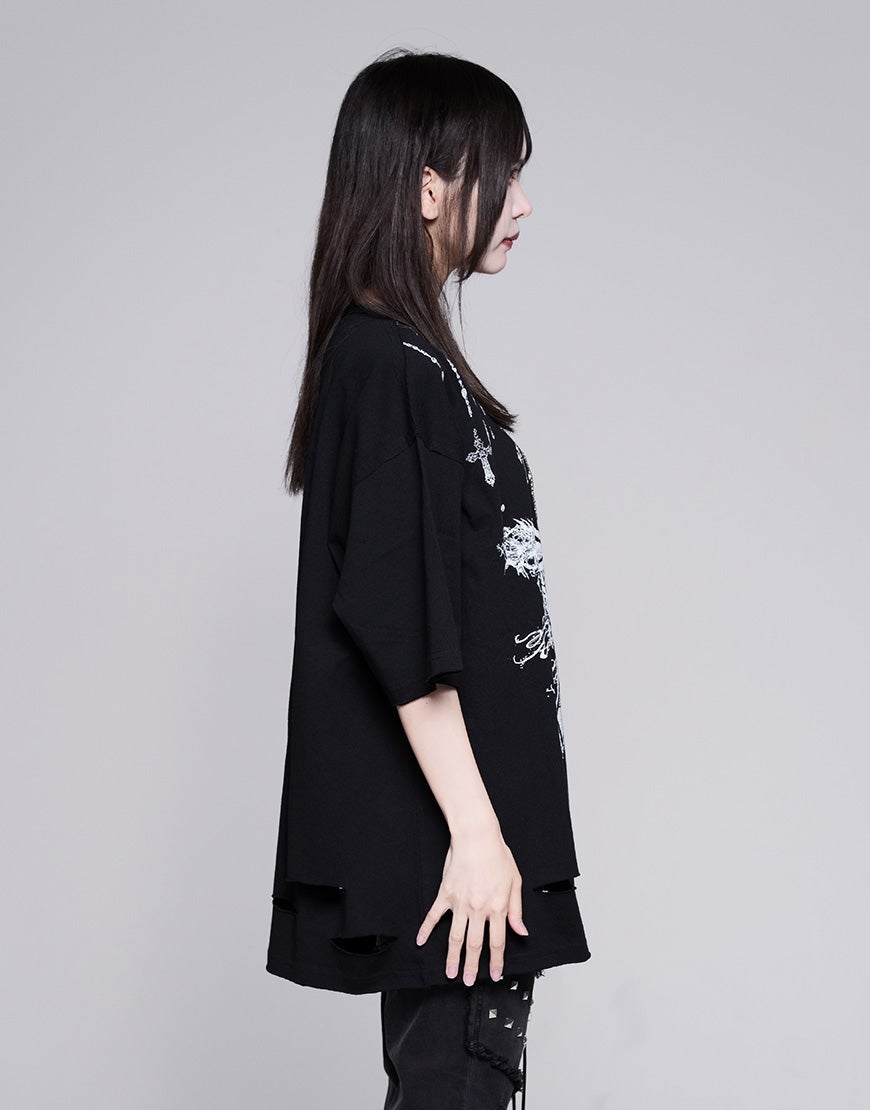 REFLEM【レフレム】チェーン編み上げグランジヘンリーTシャツ/全2色