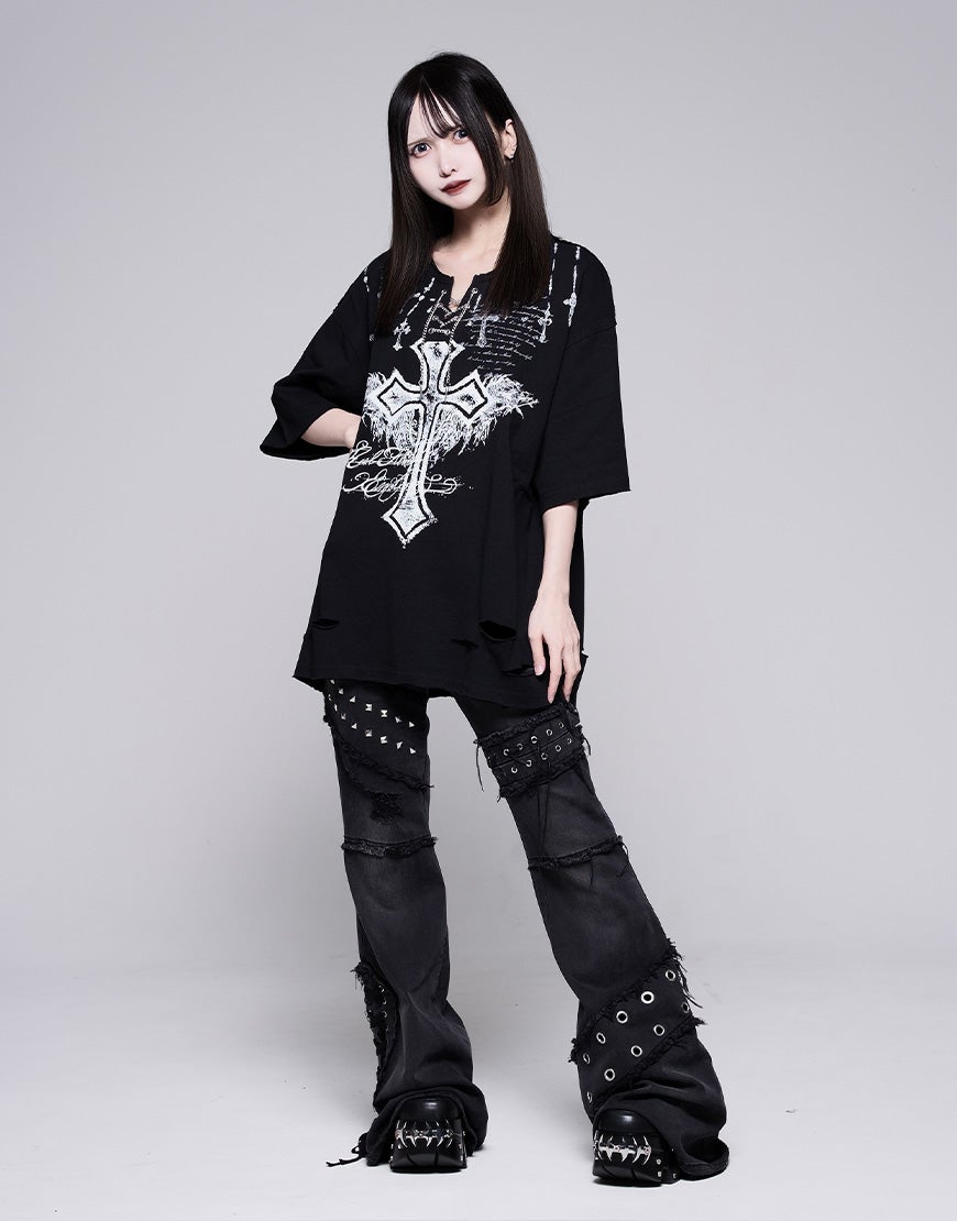 REFLEM【レフレム】チェーン編み上げグランジヘンリーTシャツ/全2色