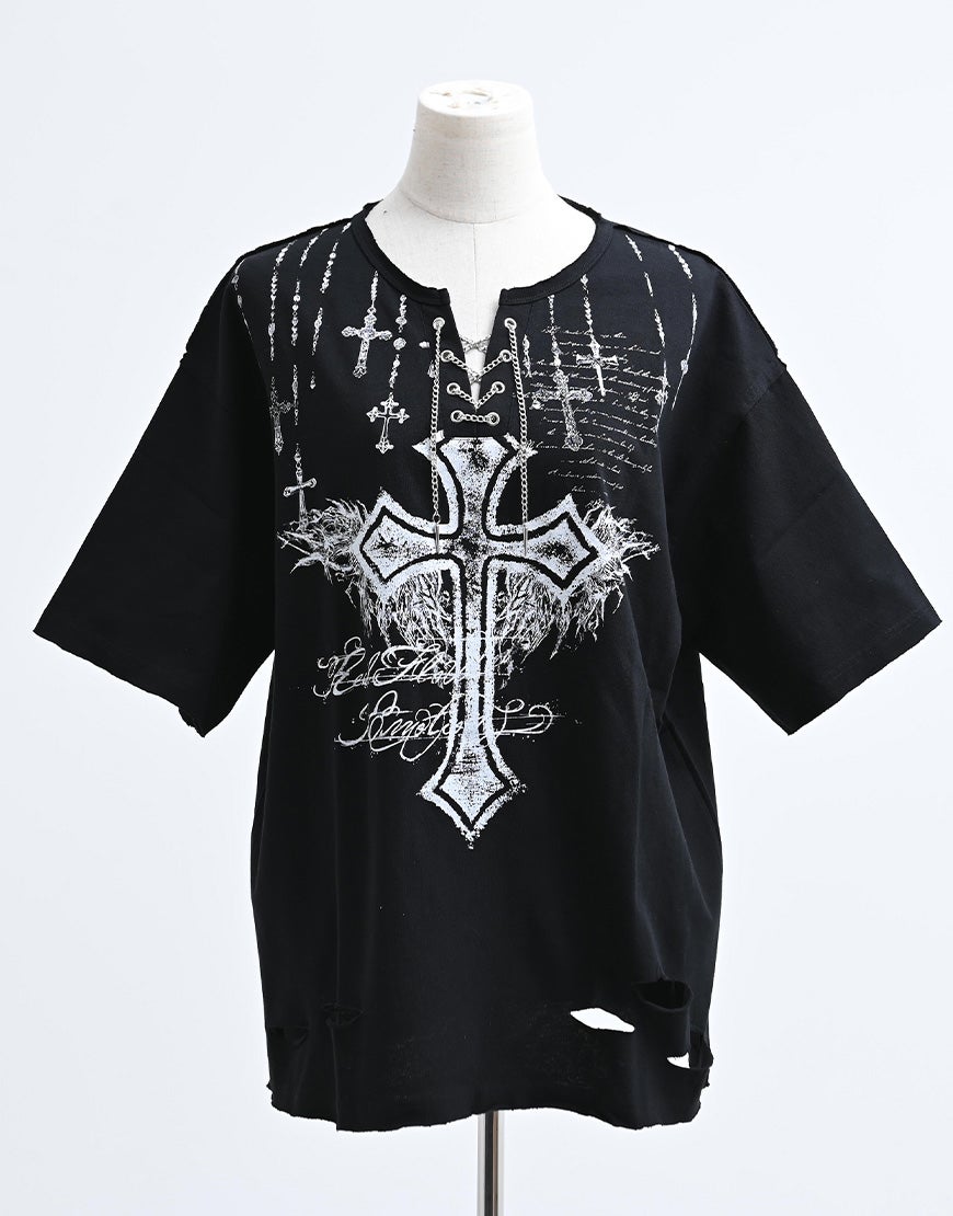 REFLEM【レフレム】チェーン編み上げグランジヘンリーTシャツ/全2色