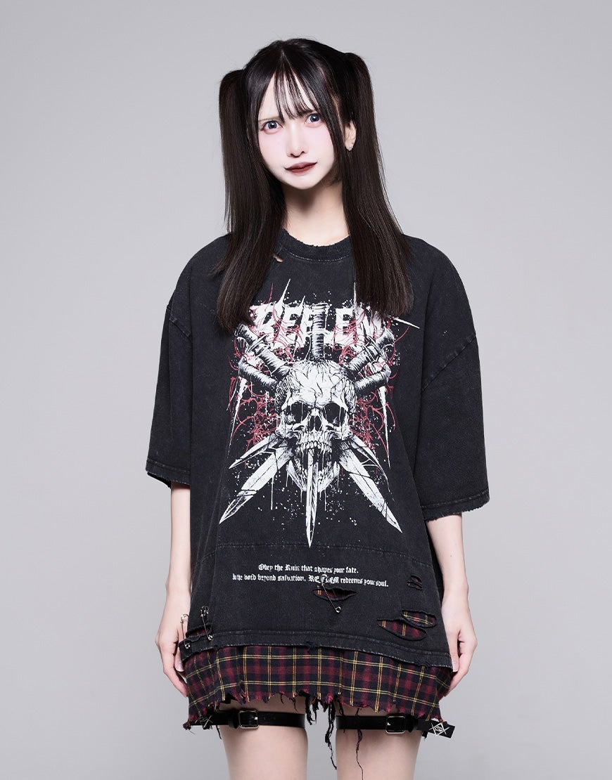REFLEM【レフレム】安ピン付きグランジチェックレイヤードTシャツ/全2色