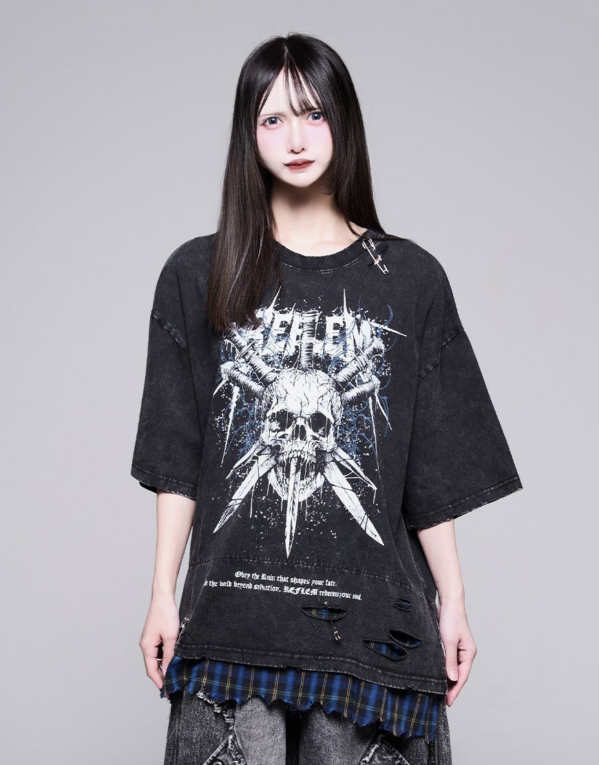 REFLEM【レフレム】安ピン付きグランジチェックレイヤードTシャツ/全2色