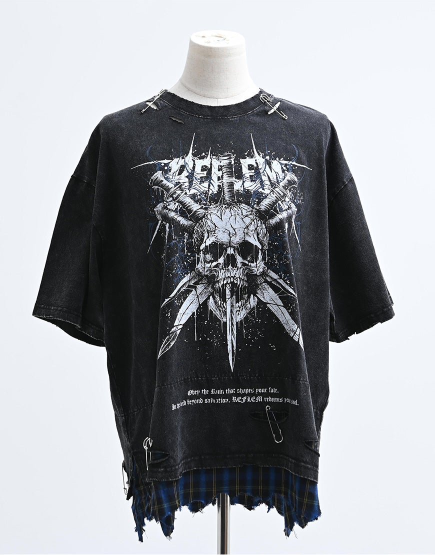 REFLEM【レフレム】安ピン付きグランジチェックレイヤードTシャツ/全2色