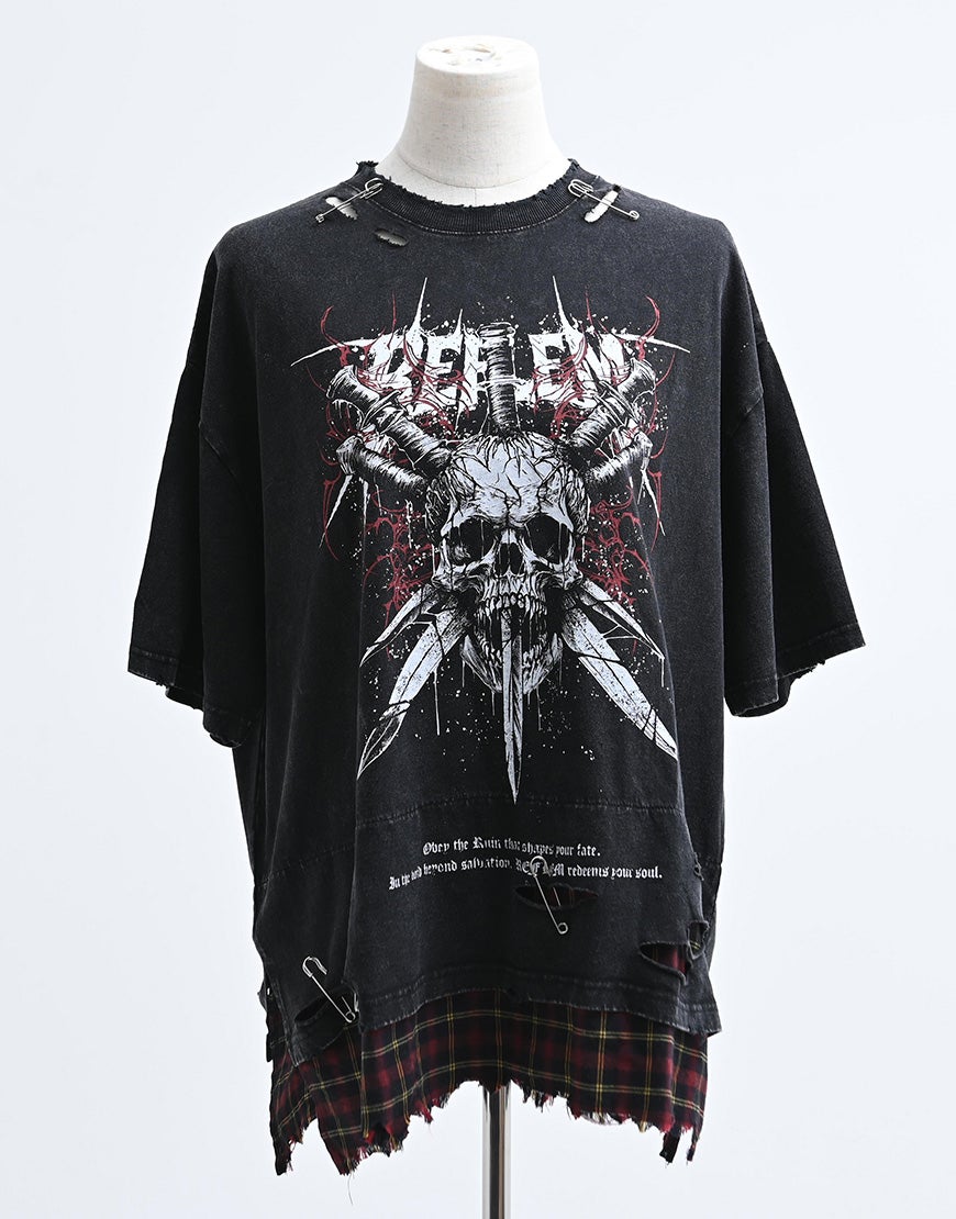 REFLEM【レフレム】安ピン付きグランジチェックレイヤードTシャツ/全2色