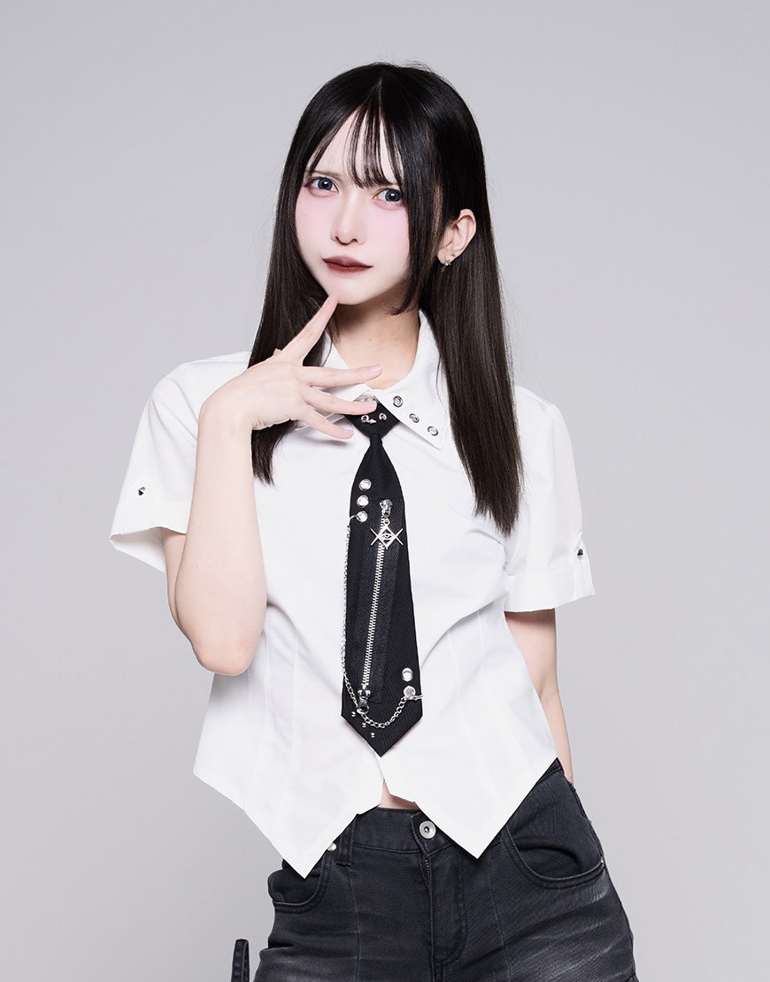 REFLEM【レフレム】チェーンネクタイ付きクロップド半袖シャツ/全2色