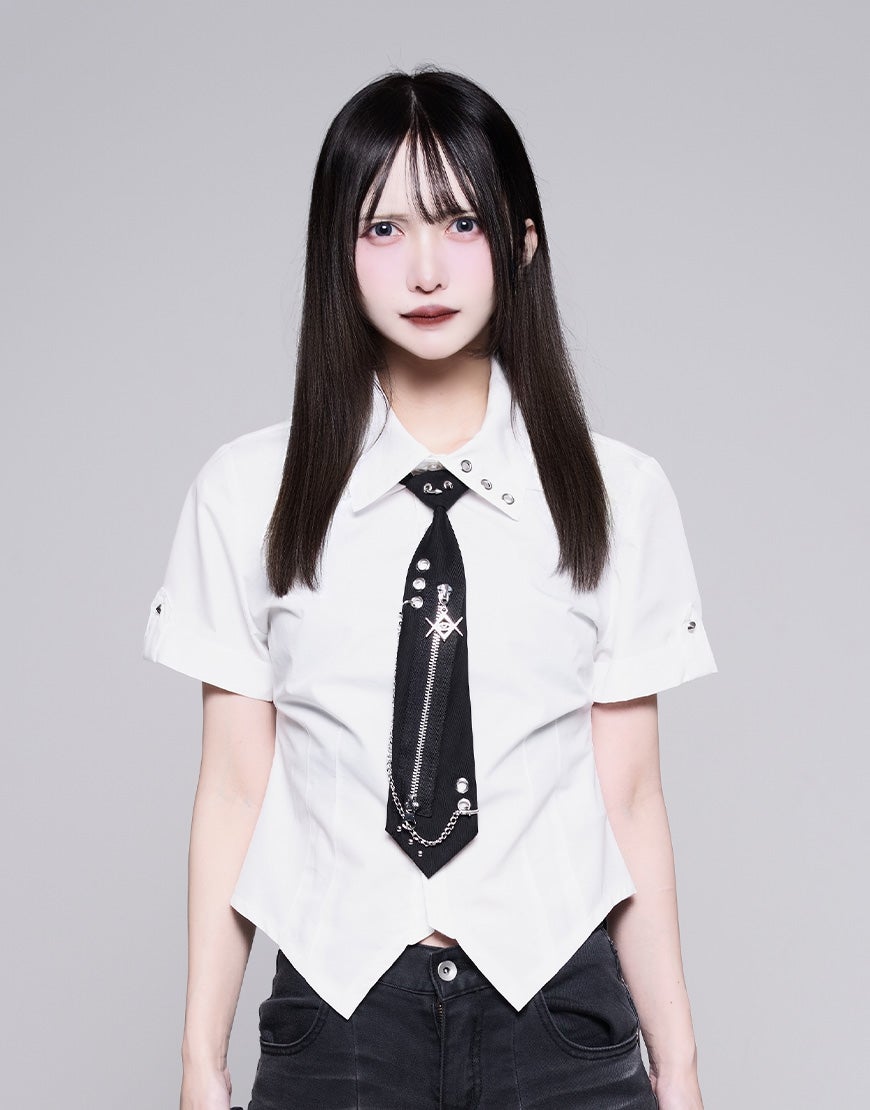 REFLEM【レフレム】チェーンネクタイ付きクロップド半袖シャツ/全2色