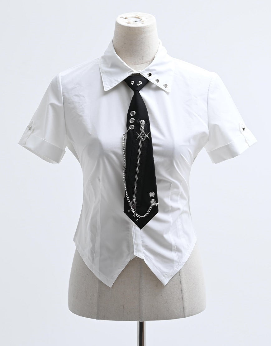 REFLEM【レフレム】チェーンネクタイ付きクロップド半袖シャツ/全2色