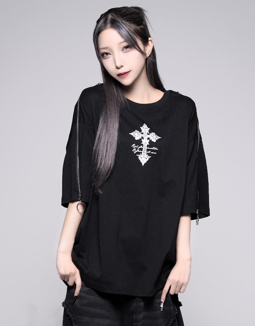 REFLEM【レフレム】ショルダージップ箔プリントTシャツ/全2色