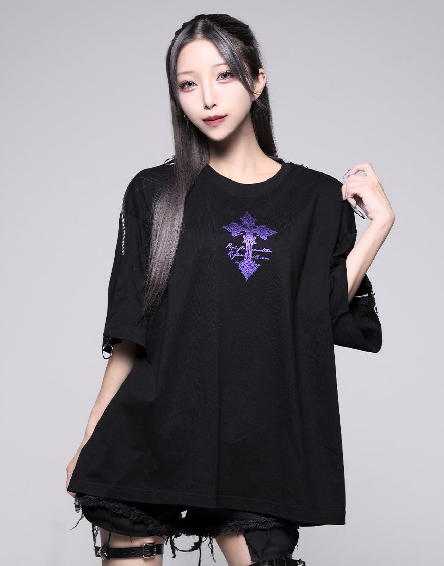 REFLEM【レフレム】ショルダージップ箔プリントTシャツ/全2色