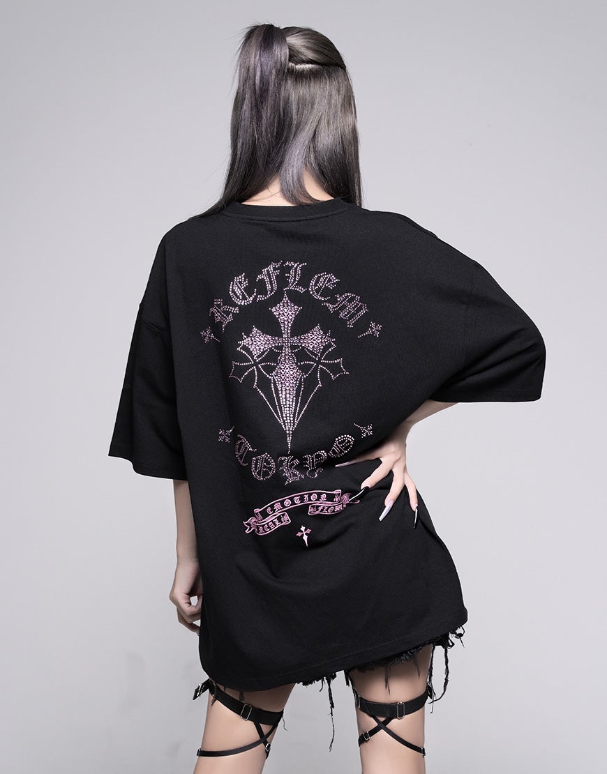 REFLEM【レフレム】クロスラインストーンTシャツ/全2色