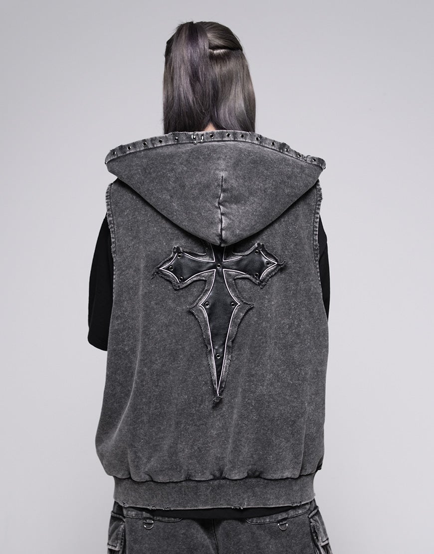 【かずみ】CRONOS フード付きノースリーブパーカー 38(M) グレー REFLEM【レフレム】ピグメント加工クロスパッチ付きノースリーブ