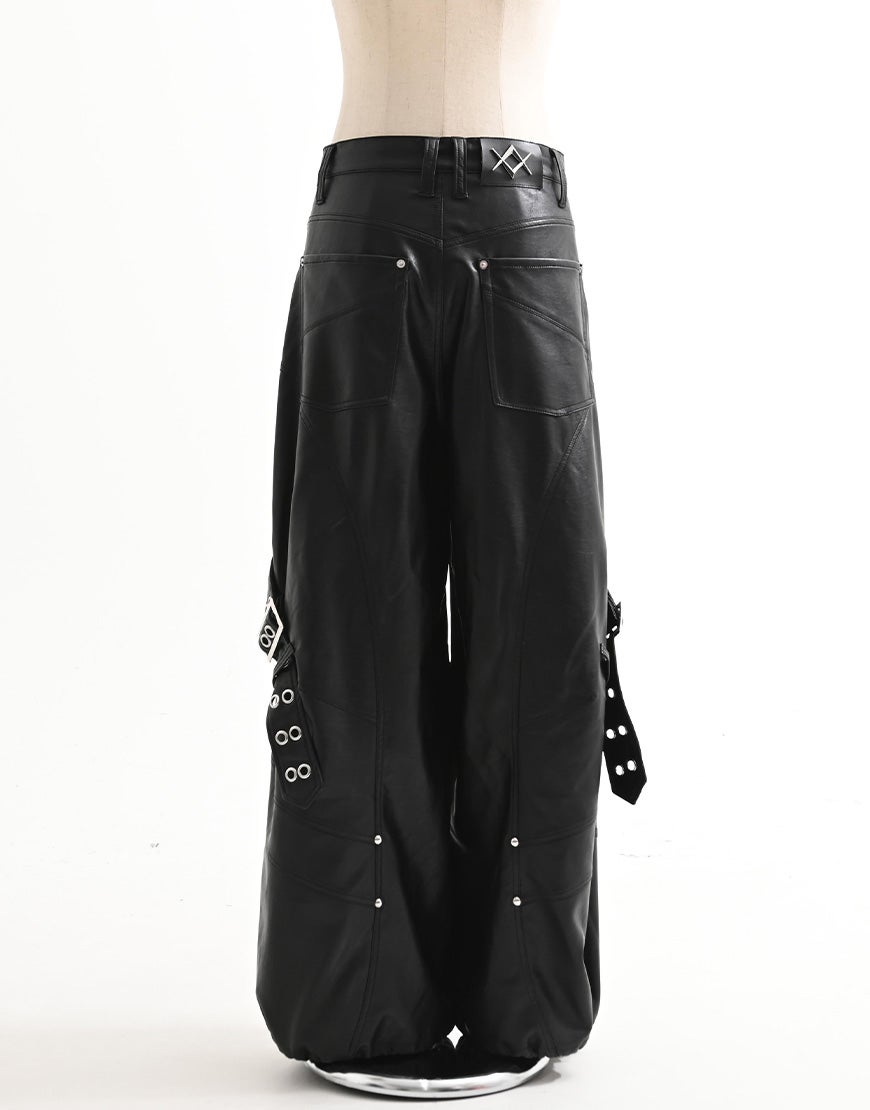 REFLEM【レフレム】バレルレッグPUレザーベルトワイドパンツ/全1色