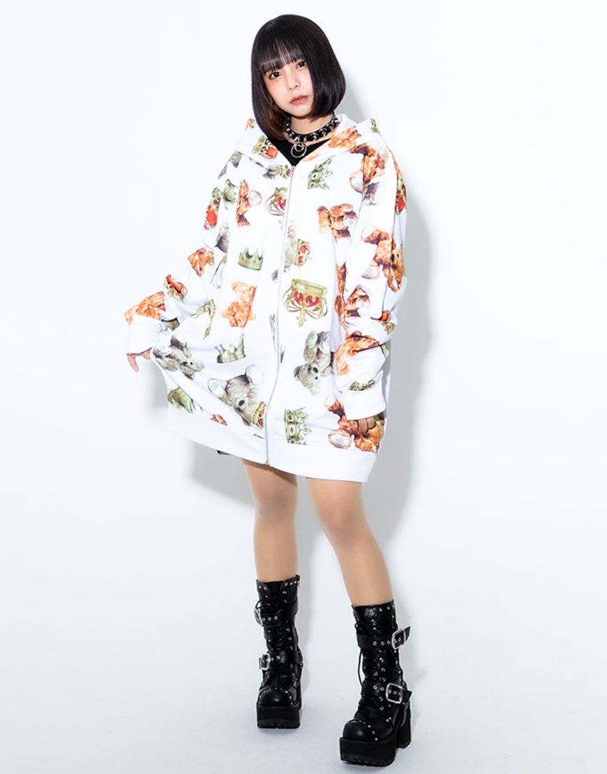 TRAVAS TOKYO【トラバストーキョー】クマ王冠総柄ジップアップパーカー