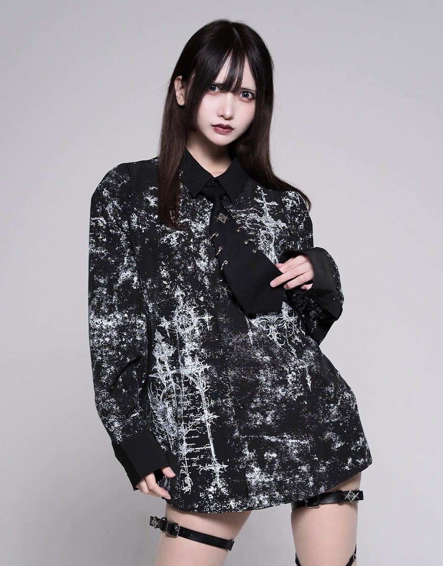 REFLEM【レフレム】ピアスネクタイ付プリント長袖シャツ/全2色
